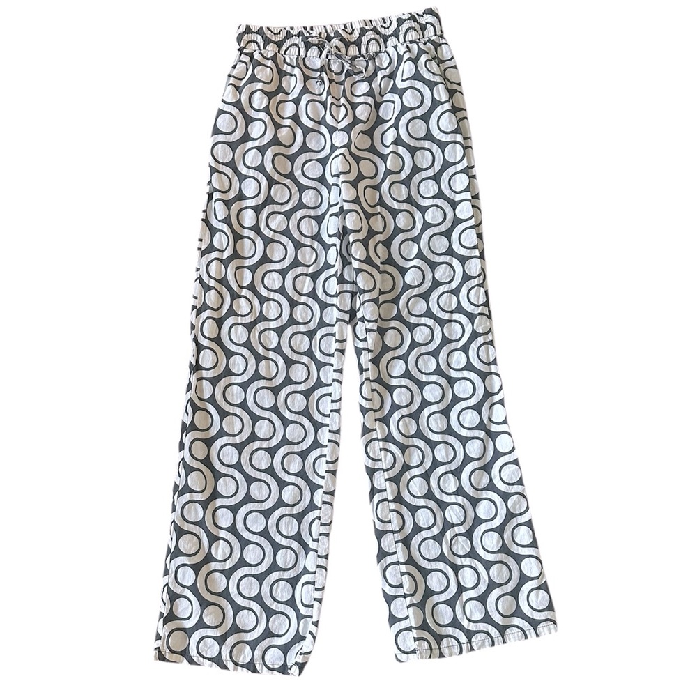 ZARA 100% cotton navy blue & white slip on wide leg elastic waist pants size M